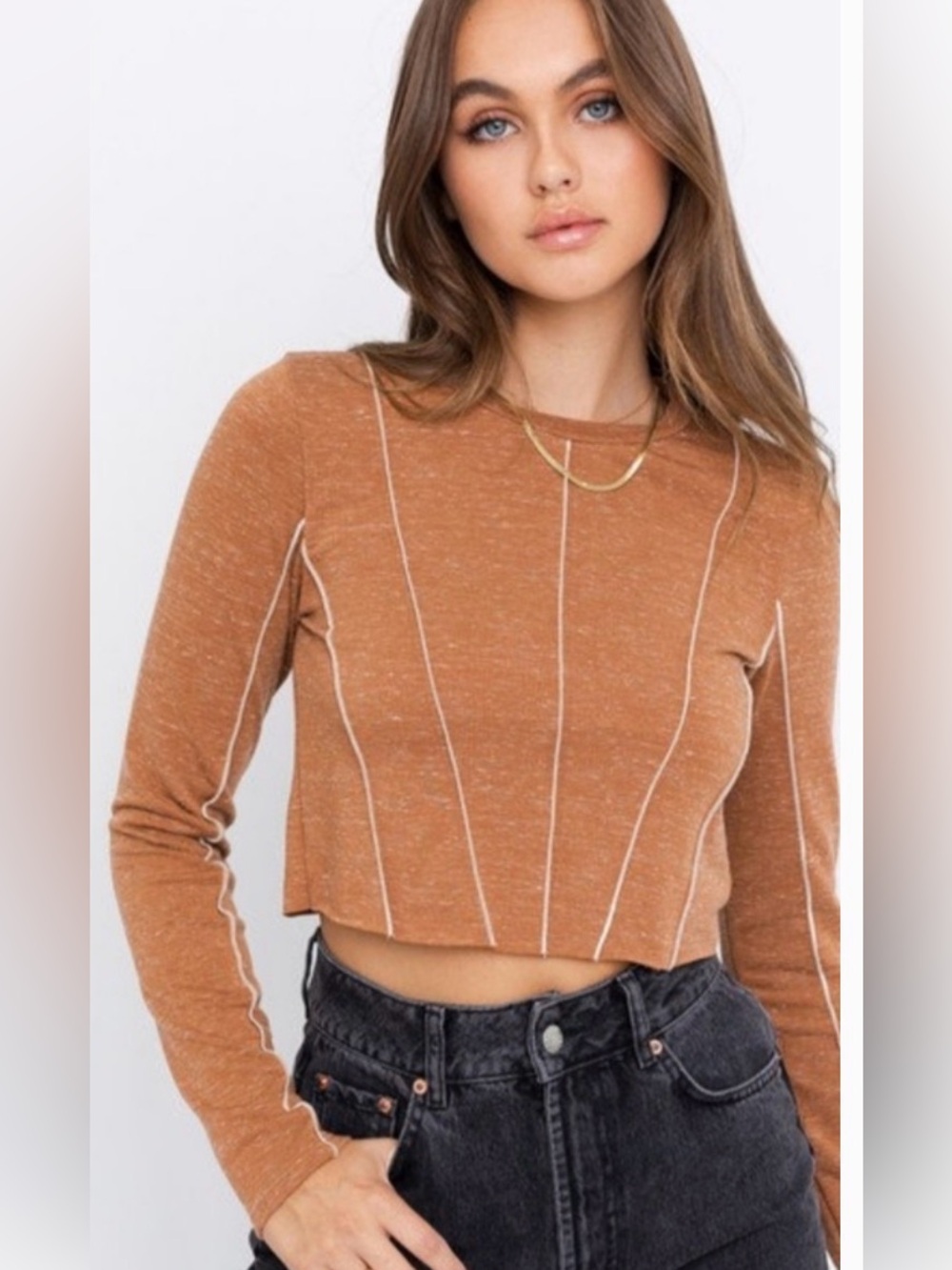 le lis Spunky brown tan long sleeve crop top w/ raw stitch detail sz Med.